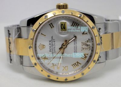 Replica Rolex 2 Tone Datejust Silver Roman Face Watch